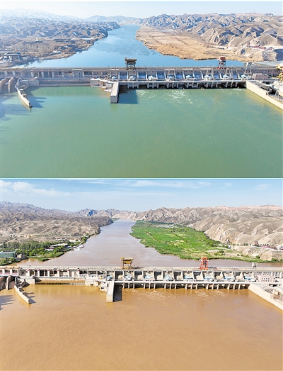     俯瞰青銅峽水庫，冬春兩季（上圖）黃河水碧綠如洗，夏秋兩季（下圖）滾滾黃河水穿壩而過。